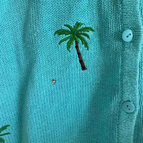 Quacker Factory Vintage Women's Size L Cardigan Teal Palm Tree Sweater READ - Picture 4 of 8